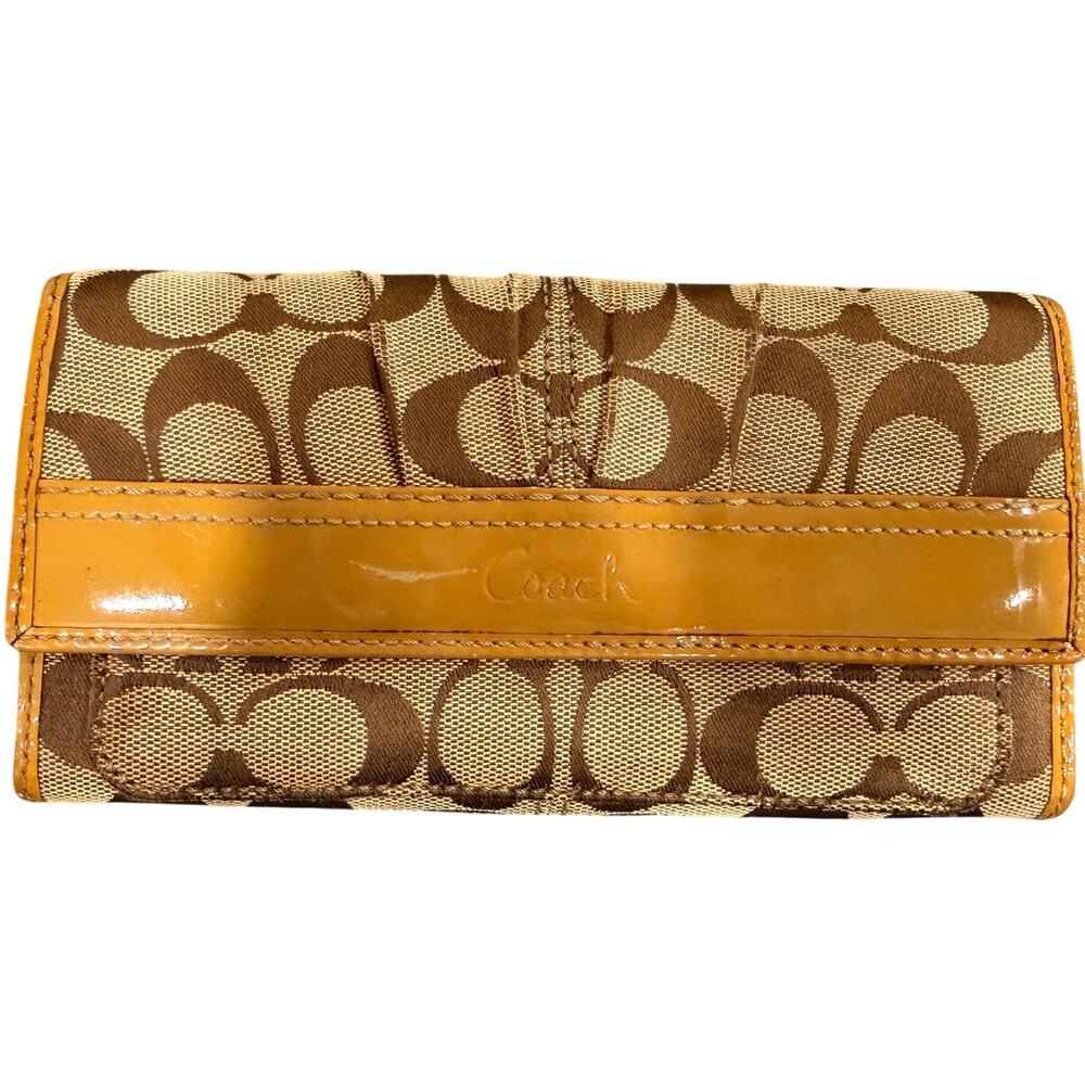 Coach Signature Canvas Long Wallet with Yellow Stripe